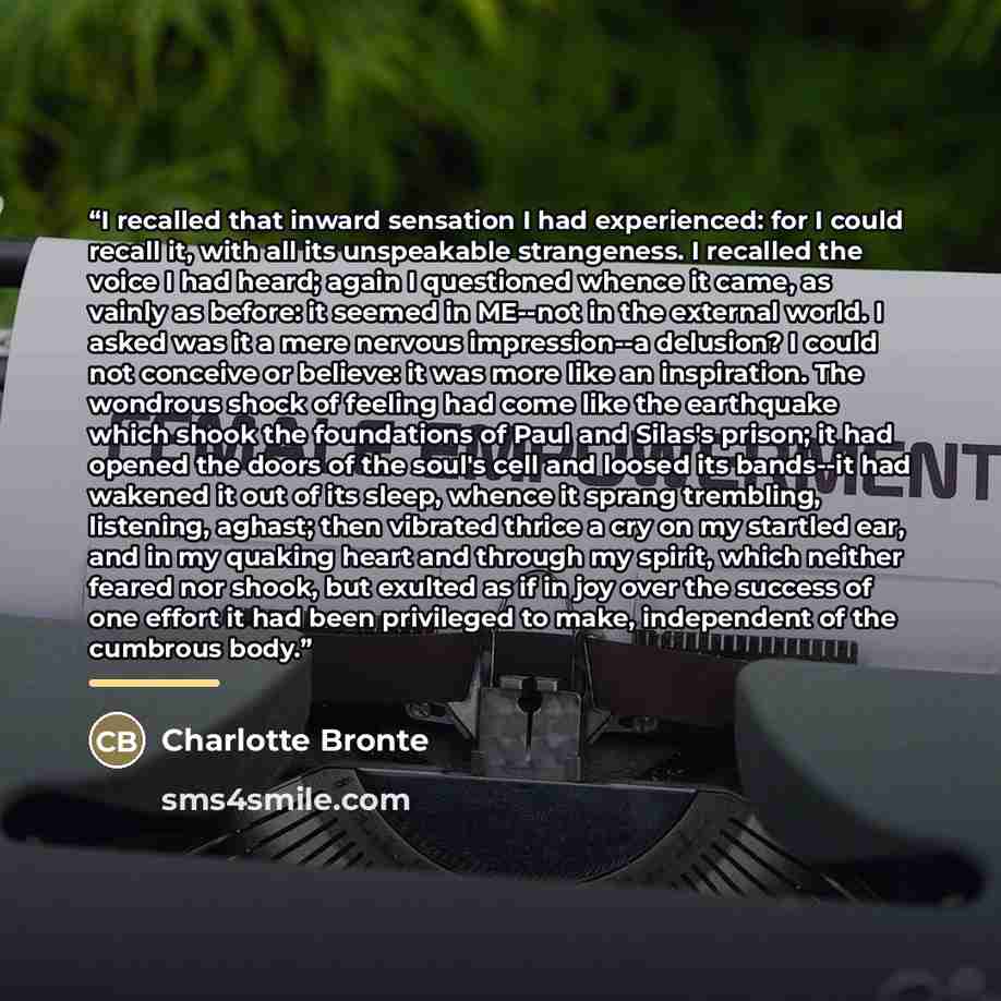 “I recalled that inward sensation I had experienced: for I could recall it, with all its unspeakable strangeness. I recalled the voice I had heard; again I questioned whence it came, as vainly as before: it seemed in ME--not in the external world. I asked was it a mere nervous impression--a…” quote by Charlotte Brontë