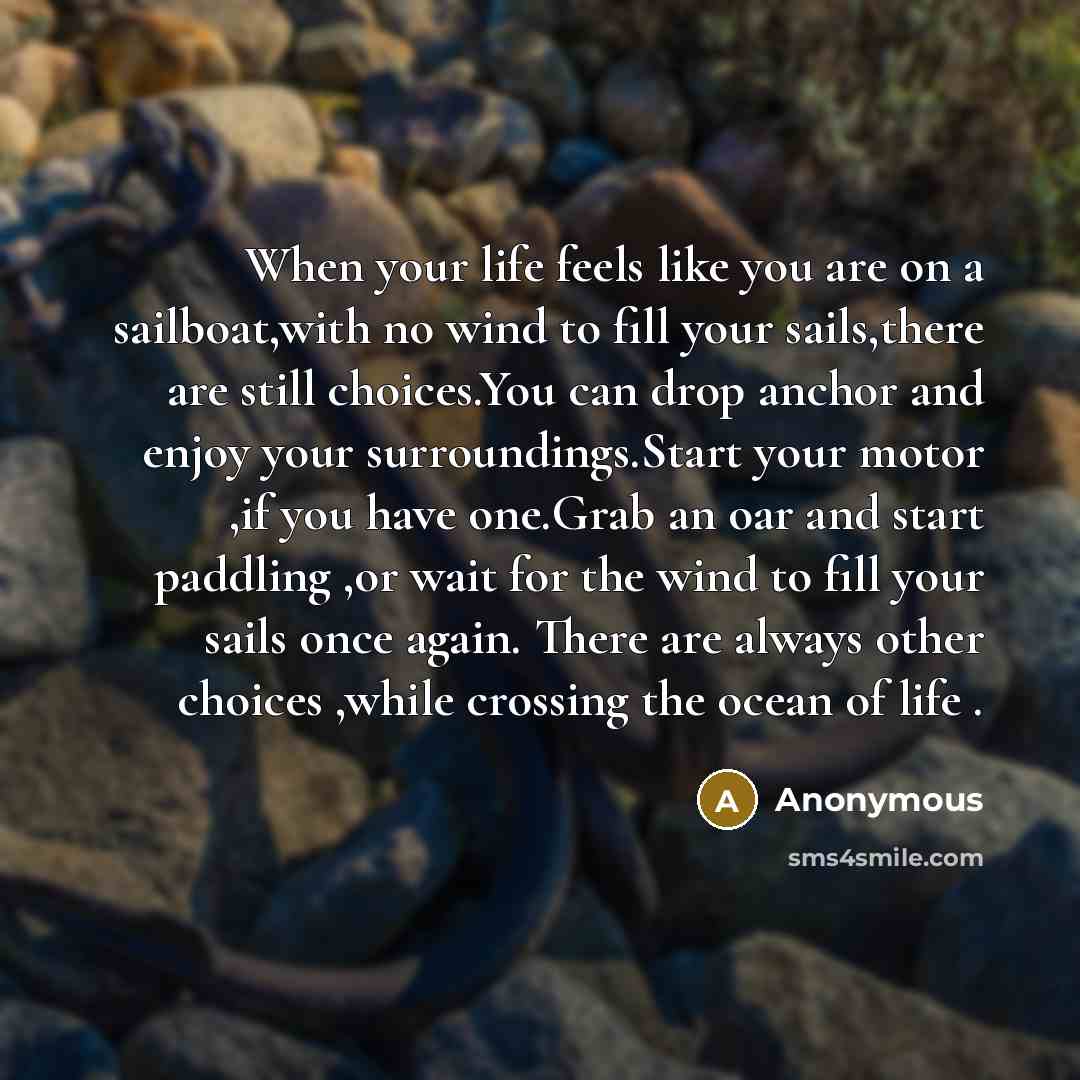 “When your life feels like you are on a sailboat,with no wind to fill your sails,there are still choices.You can drop anchor and enjoy your surroundings.Start your motor ,if you have one.Grab an oar and start paddling ,or wait for the wind to fill your sails once again. There are always other…” quote by Anonymous