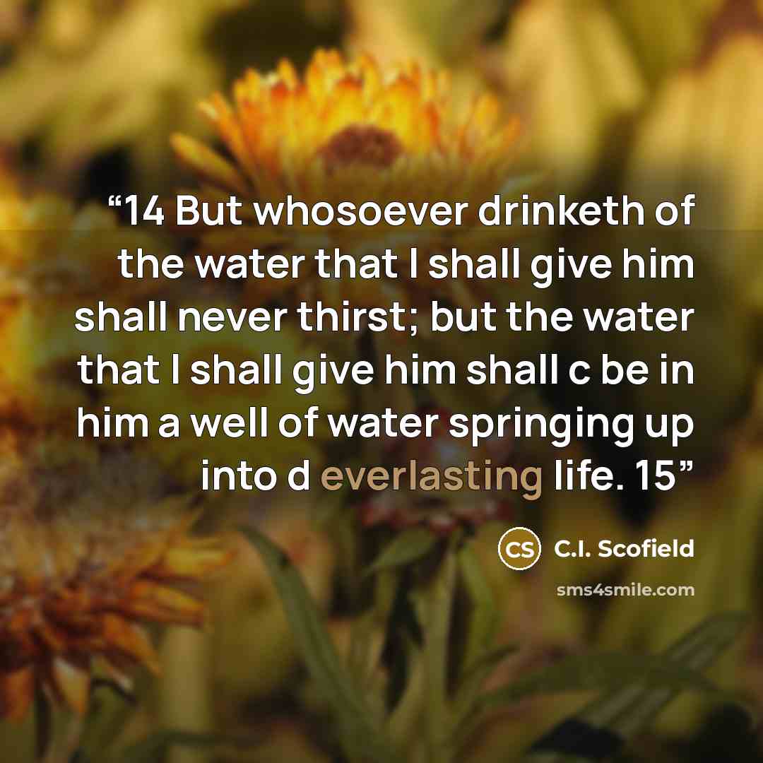 “14 But whosoever drinketh of the water that I shall give him shall never thirst; but the water that I shall give him shall c be in him a well of water springing up into d everlasting life. 15” quote by C.I. Scofield