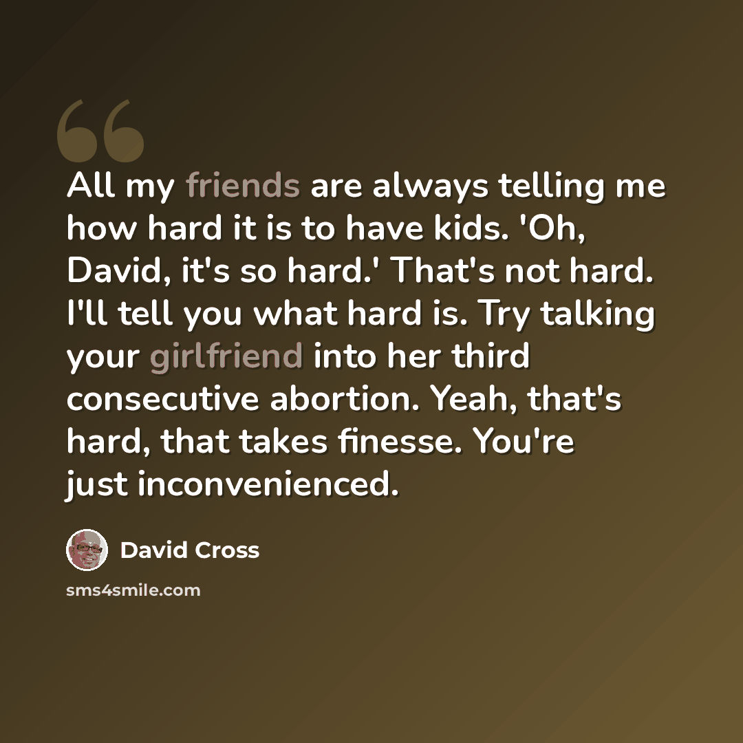 “All my friends are always telling me how hard it is to have kids. 'Oh, David, it's so hard.' That's not hard. I'll tell you what hard is. Try talking your girlfriend into her third consecutive abortion. Yeah, that's hard, that takes finesse. You're just inconvenienced.” quote by David Cross