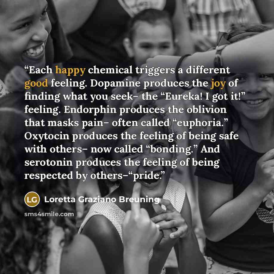“Each happy chemical triggers a different good feeling. Dopamine produces the joy of finding what you seek– the “Eureka! I got it!” feeling. Endorphin produces the oblivion that masks pain– often called “euphoria.” Oxytocin produces the feeling of being safe with others– now called “bonding.” And…” quote by Loretta Graziano Breuning