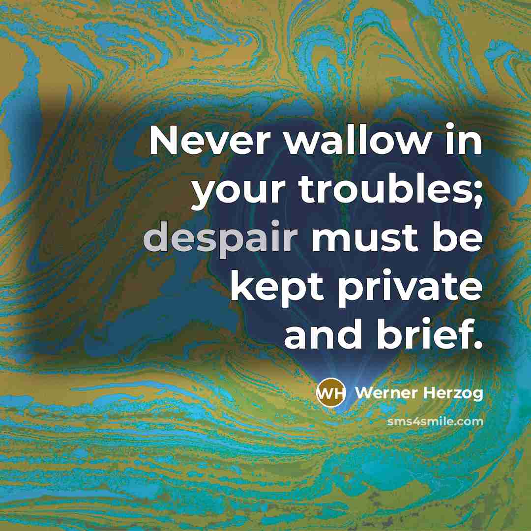 “Never wallow in your troubles; despair must be kept private and brief.” quote by Werner Herzog