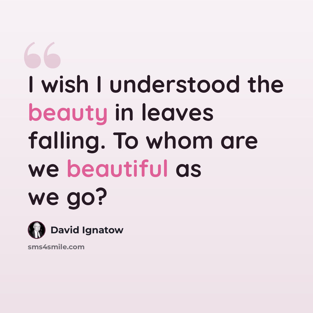 “I wish I understood the beauty in leaves falling. To whom are we beautiful as we go?” quote by David Ignatow