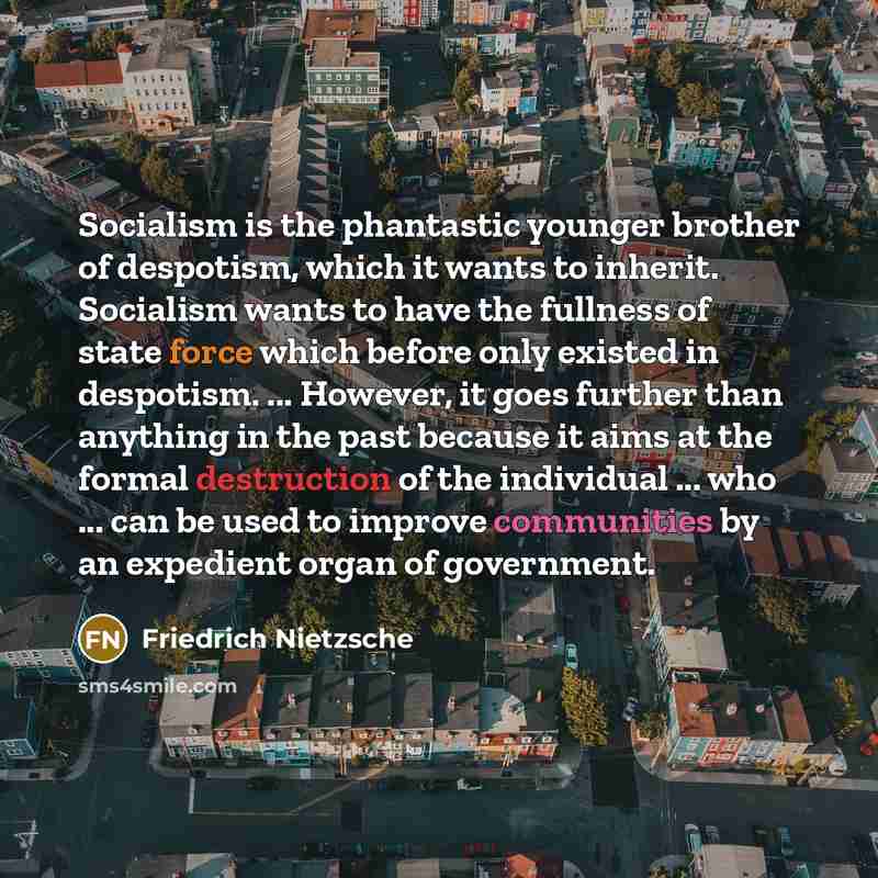 “Socialism is the phantastic younger brother of despotism, which it wants to inherit. Socialism wants to have the fullness of state force which before only existed in despotism. ... However, it goes further than anything in the past because it aims at the formal destruction of the individual…” quote by Friedrich Nietzsche