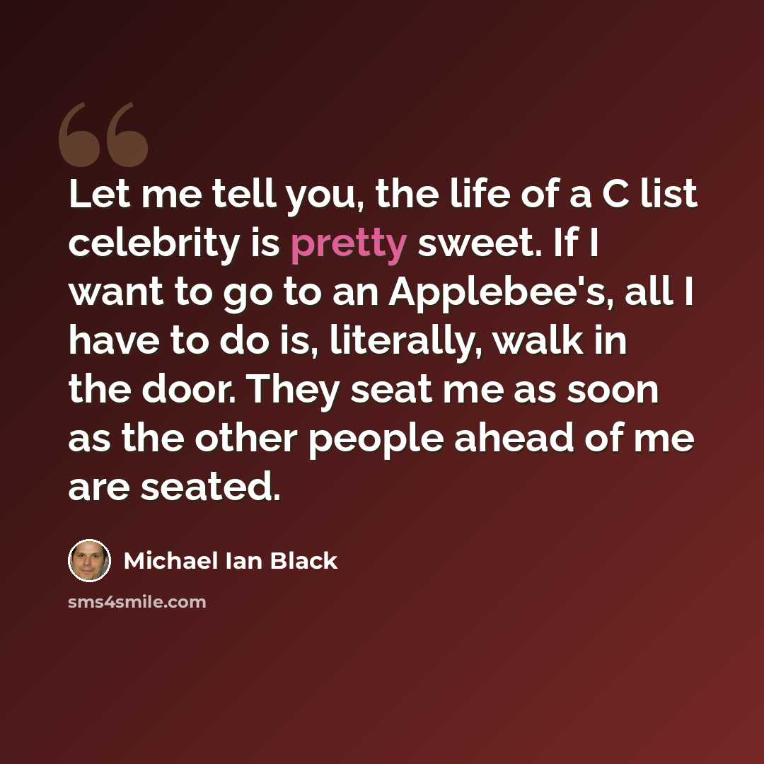 “Let me tell you, the life of a C list celebrity is pretty sweet. If I want to go to an Applebee's, all I have to do is, literally, walk in the door. They seat me as soon as the other people ahead of me are seated.” quote by Michael Ian Black