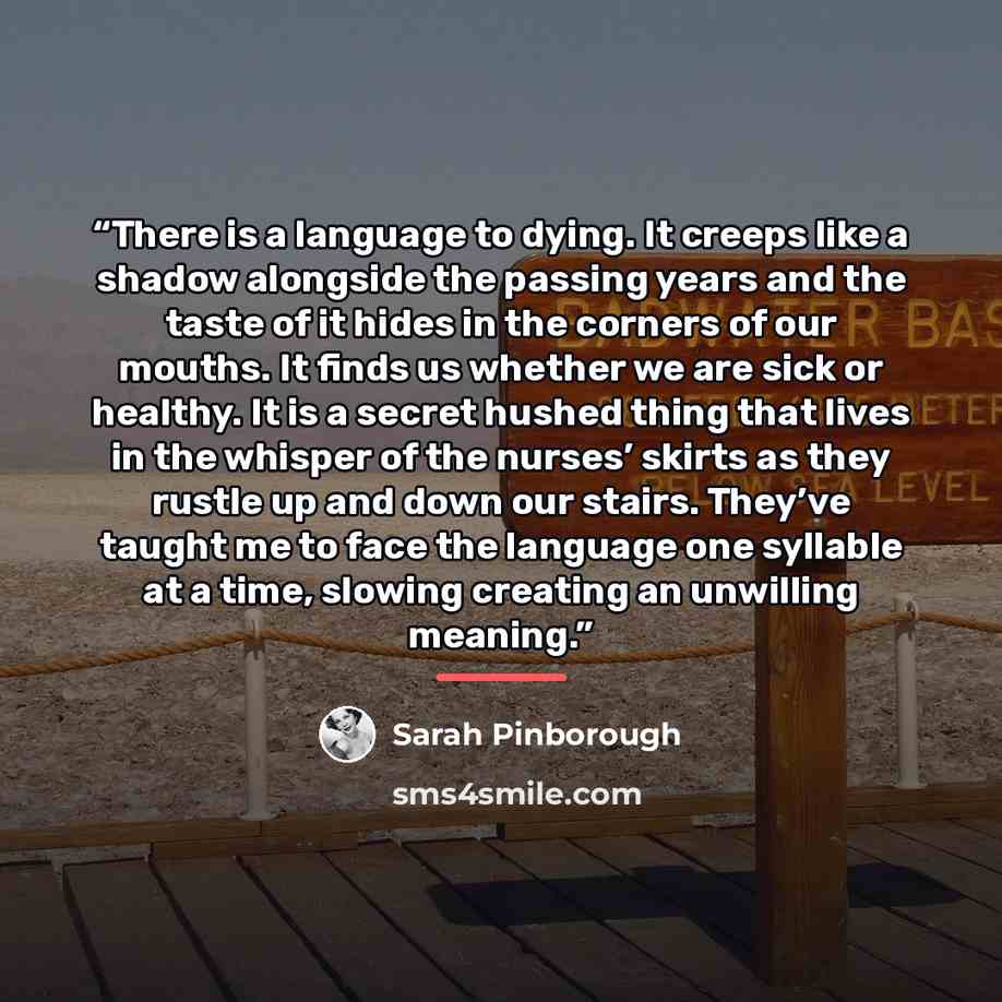 “There is a language to dying. It creeps like a shadow alongside the passing years and the taste of it hides in the corners of our mouths. It finds us whether we are sick or healthy. It is a secret hushed thing that lives in the whisper of the nurses’ skirts as they rustle up and down our stairs…” quote by Sarah Pinborough