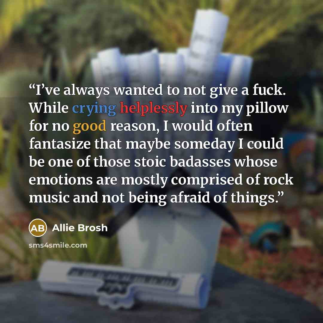 “I’ve always wanted to not give a fuck. While crying helplessly into my pillow for no good reason, I would often fantasize that maybe someday I could be one of those stoic badasses whose emotions are mostly comprised of rock music and not being afraid of things.” quote by Allie Brosh