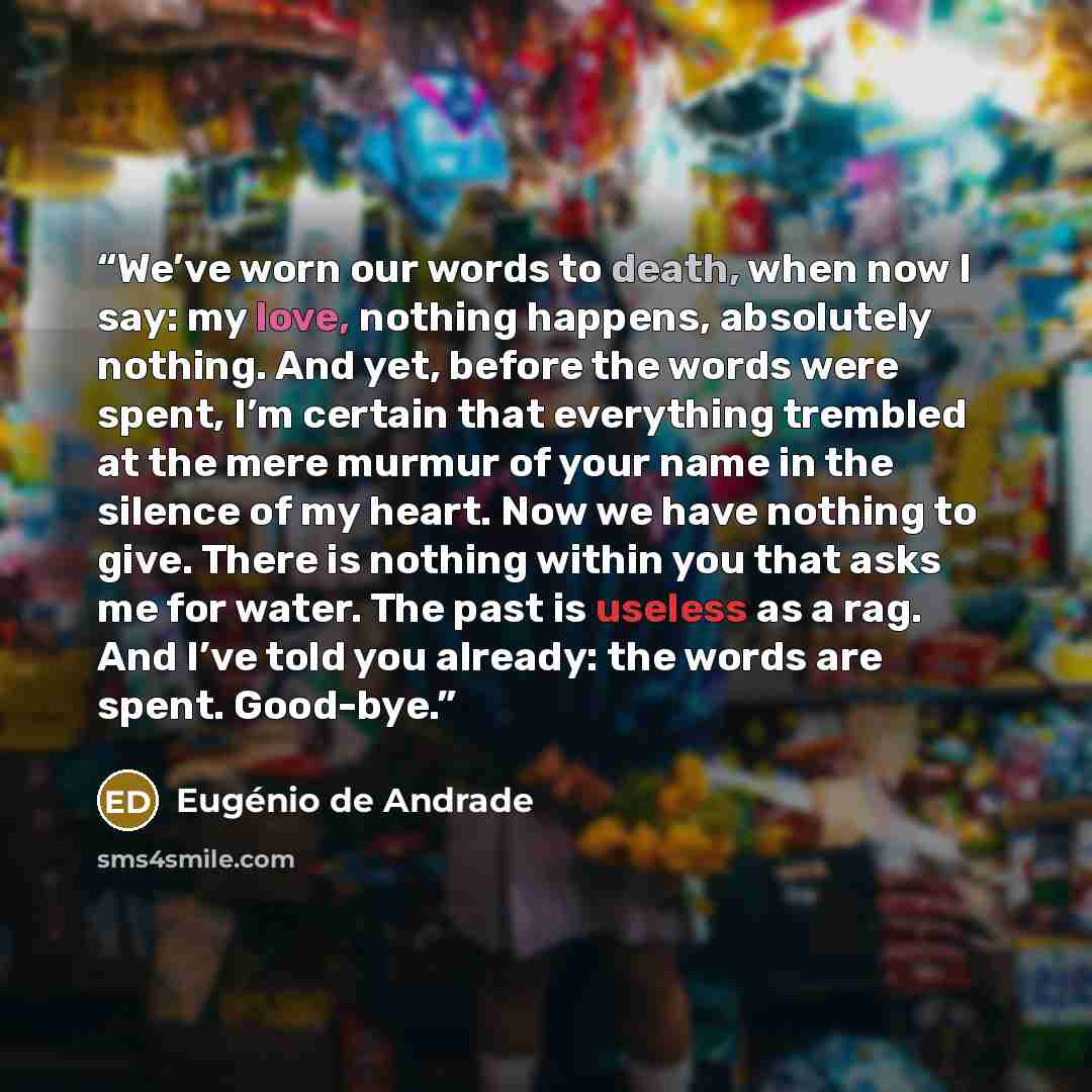 “We’ve worn our words to death, when now I say: my love, nothing happens, absolutely nothing. And yet, before the words were spent, I’m certain that everything trembled at the mere murmur of your name in the silence of my heart. Now we have nothing to give. There is nothing within you that asks me…” quote by Eugénio de Andrade