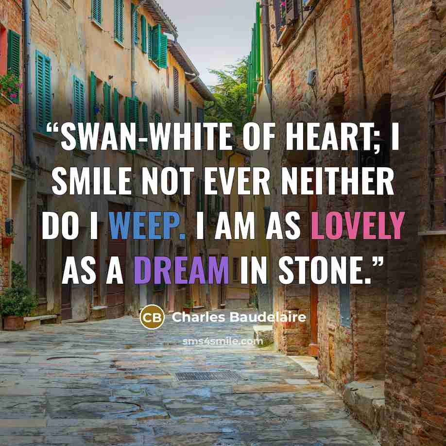“Swan-white of heart; I smile not ever neither do I weep. I am as lovely as a dream in stone.” quote by Charles Baudelaire