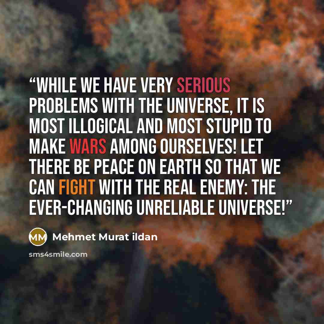 “While we have very serious problems with the universe, it is most illogical and most stupid to make wars among ourselves! Let there be peace on earth so that we can fight with the real enemy: The ever-changing unreliable universe!” quote by Mehmet Murat ildan