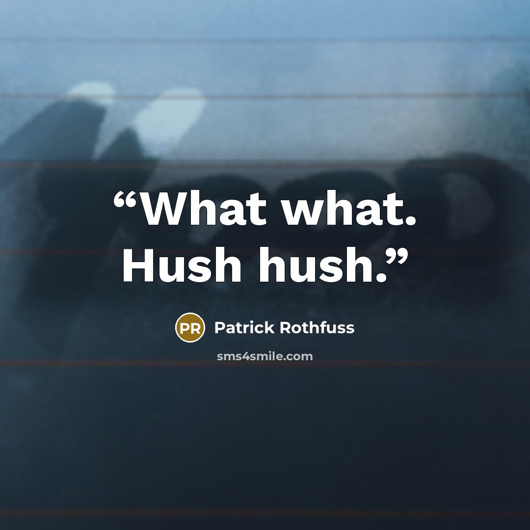 “What what. Hush hush.” quote by Patrick Rothfuss