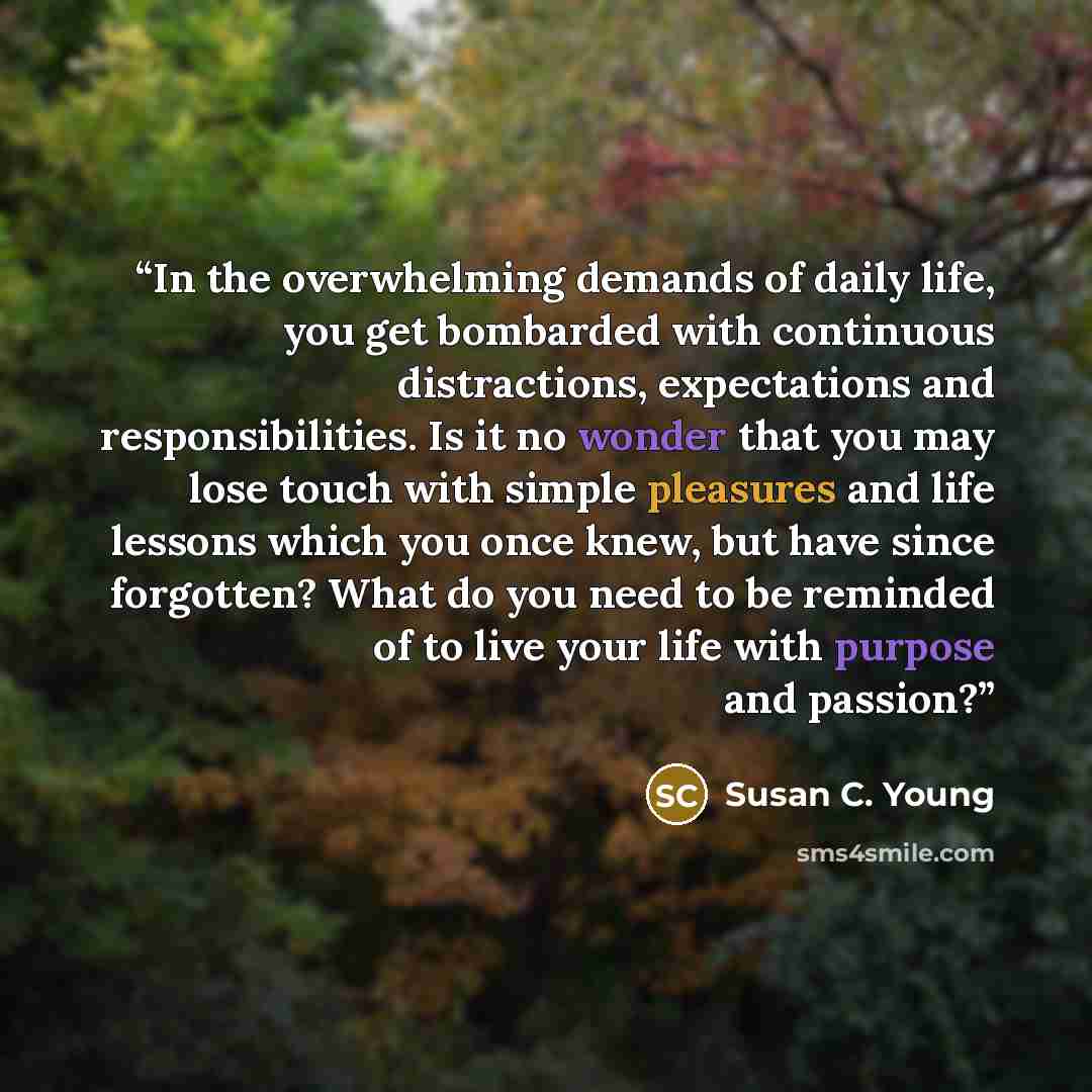 “In the overwhelming demands of daily life, you get bombarded with continuous distractions, expectations and responsibilities. Is it no wonder that you may lose touch with simple pleasures and life lessons which you once knew, but have since forgotten? What do you need to be reminded of to live…” quote by Susan C. Young