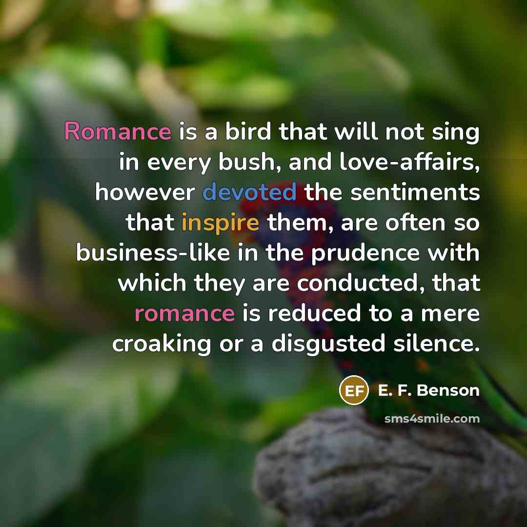 “Romance is a bird that will not sing in every bush, and love-affairs, however devoted the sentiments that inspire them, are often so business-like in the prudence with which they are conducted, that romance is reduced to a mere croaking or a disgusted silence.” quote by E. F. Benson