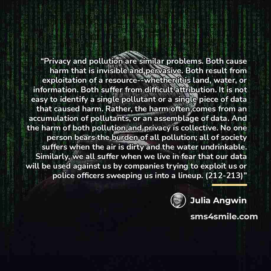“Privacy and pollution are similar problems. Both cause harm that is invisible and pervasive. Both result from exploitation of a resource--whether it is land, water, or information. Both suffer from difficult attribution. It is not easy to identify a single pollutant or a single piece of data that…” quote by Julia Angwin