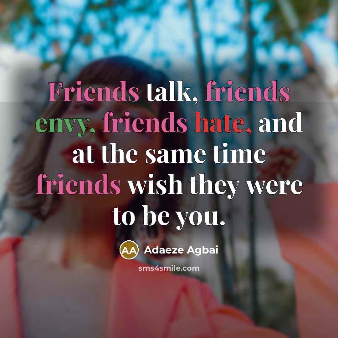 “Friends talk, friends envy, friends hate, and at the same time friends wish they were to be you.” quote by Adaeze Agbai