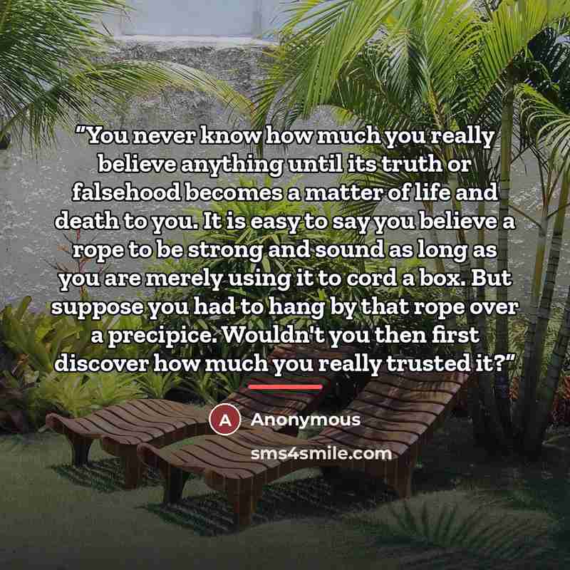 “You never know how much you really believe anything until its truth or falsehood becomes a matter of life and death to you. It is easy to say you believe a rope to be strong and sound as long as you are merely using it to cord a box. But suppose you had to hang by that rope over a precipice…” quote by Anonymous