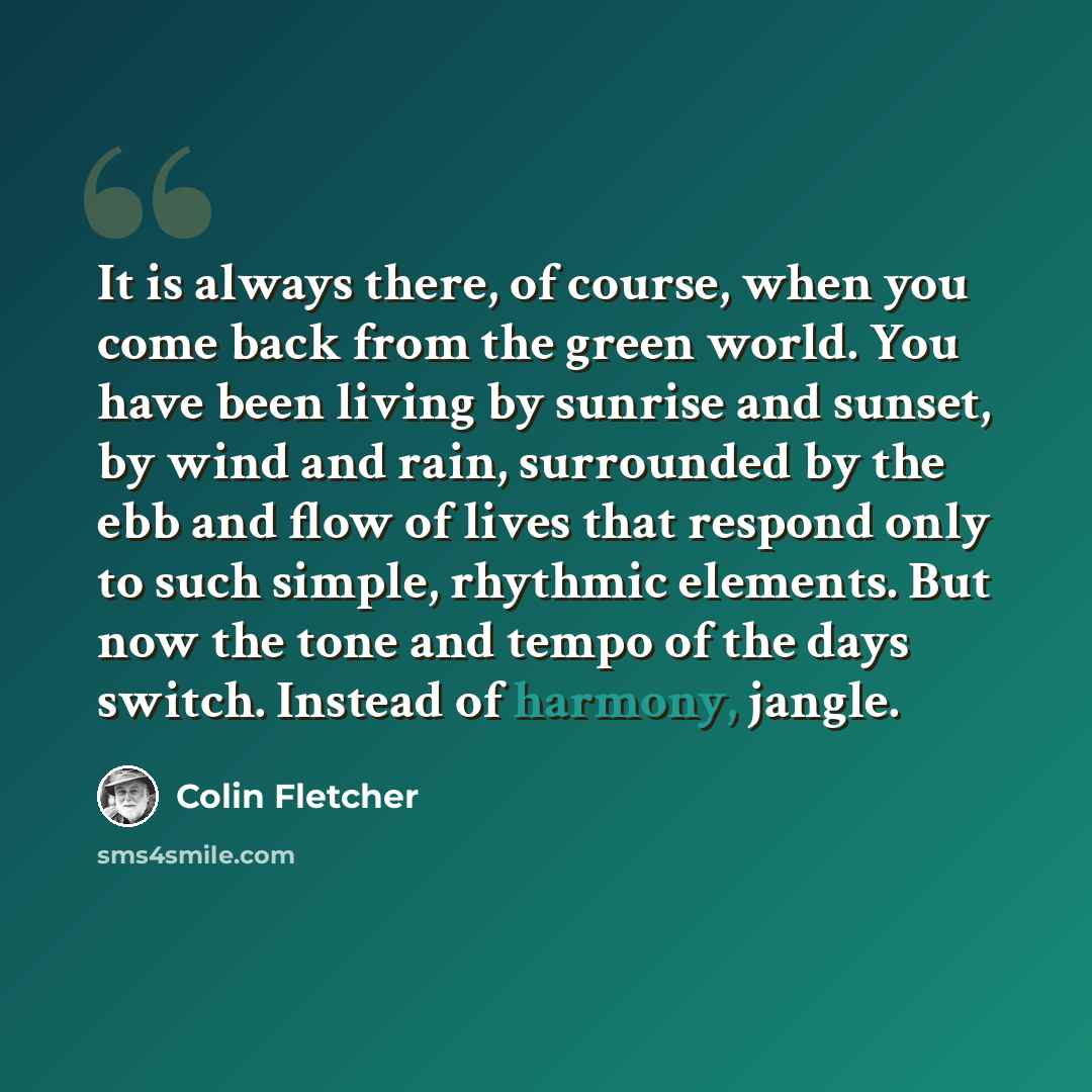 “It is always there, of course, when you come back from the green world. You have been living by sunrise and sunset, by wind and rain, surrounded by the ebb and flow of lives that respond only to such simple, rhythmic elements. But now the tone and tempo of the days switch. Instead of harmony…” quote by Colin Fletcher