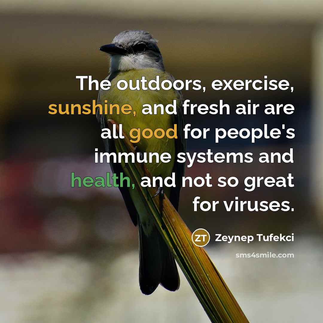 “The outdoors, exercise, sunshine, and fresh air are all good for people's immune systems and health, and not so great for viruses.” quote by Zeynep Tufekci