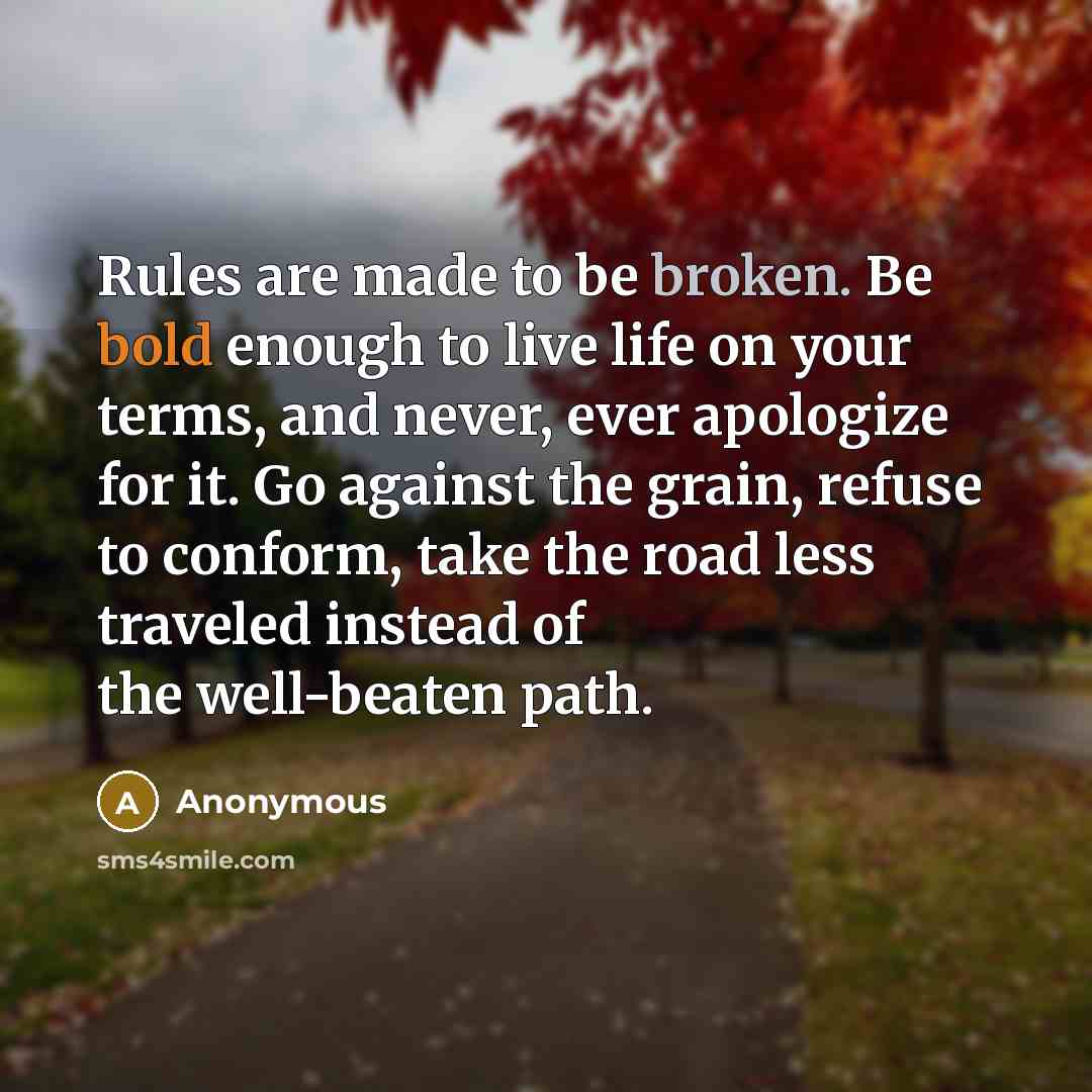 “Rules are made to be broken. Be bold enough to live life on your terms, and never, ever apologize for it. Go against the grain, refuse to conform, take the road less traveled instead of the well-beaten path.” quote by Anonymous