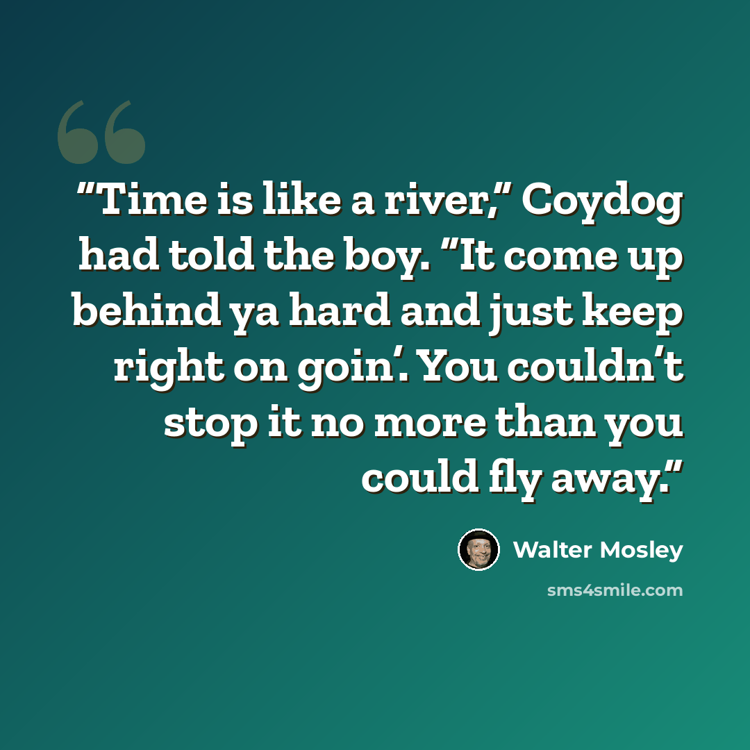 “Time is like a river,” Coydog had told the boy. “It come up behind ya hard and just keep right on goin’. You couldn’t stop it no more than you could fly away.” quote by Walter Mosley