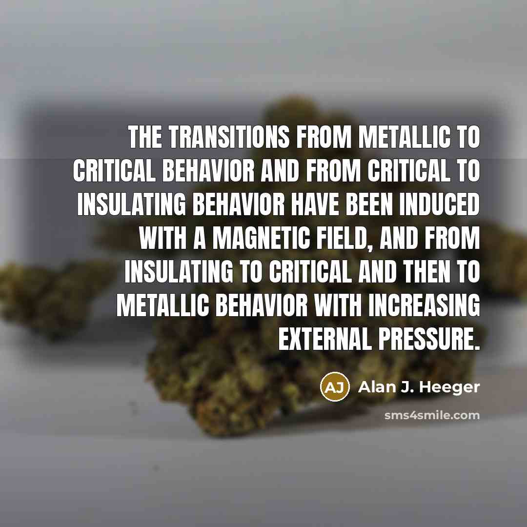 “The transitions from metallic to critical behavior and from critical to insulating behavior have been induced with a magnetic field, and from insulating to critical and then to metallic behavior with increasing external pressure.” quote by Alan J. Heeger