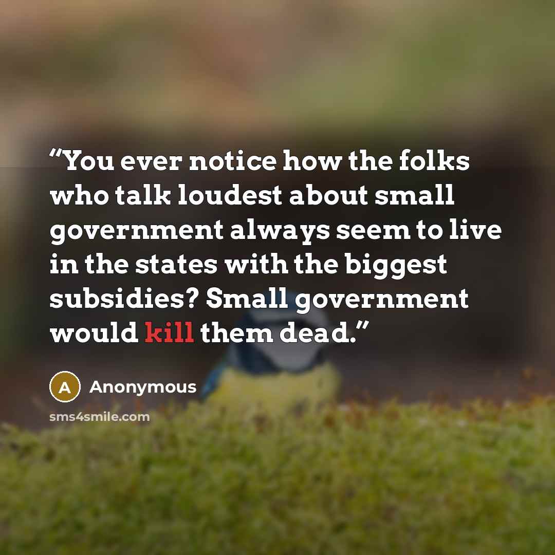 “You ever notice how the folks who talk loudest about small government always seem to live in the states with the biggest subsidies? Small government would kill them dead.” quote by Anonymous
