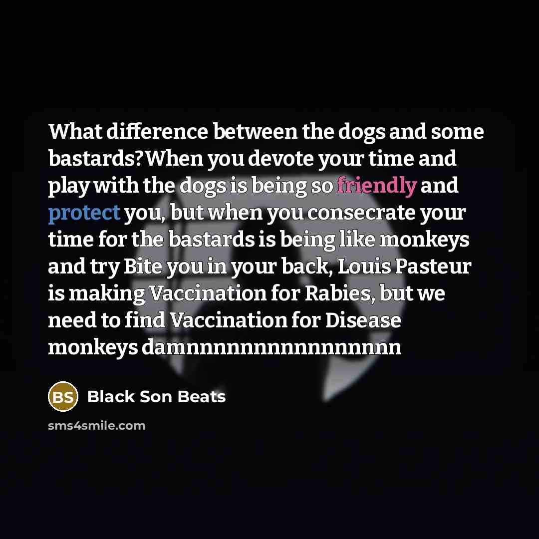 “What difference between the dogs and some bastards?When you devote your time and play with the dogs is being so friendly and protect you, but when you consecrate your time for the bastards is being like monkeys and try Bite you in your back, Louis Pasteur is making Vaccination for Rabies, but we…” quote by Black Son Beats