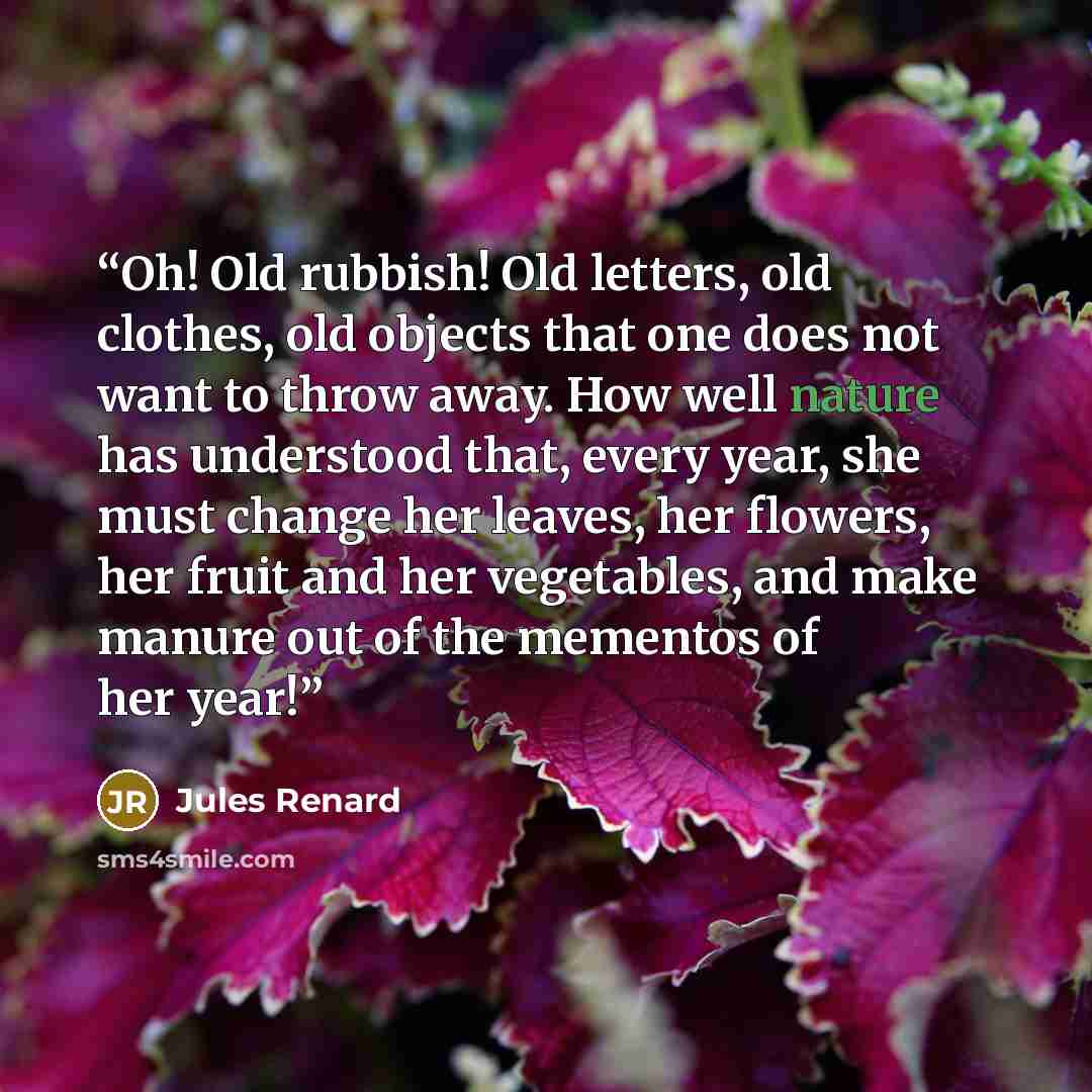 “Oh! Old rubbish! Old letters, old clothes, old objects that one does not want to throw away. How well nature has understood that, every year, she must change her leaves, her flowers, her fruit and her vegetables, and make manure out of the mementos of her year!” quote by Jules Renard