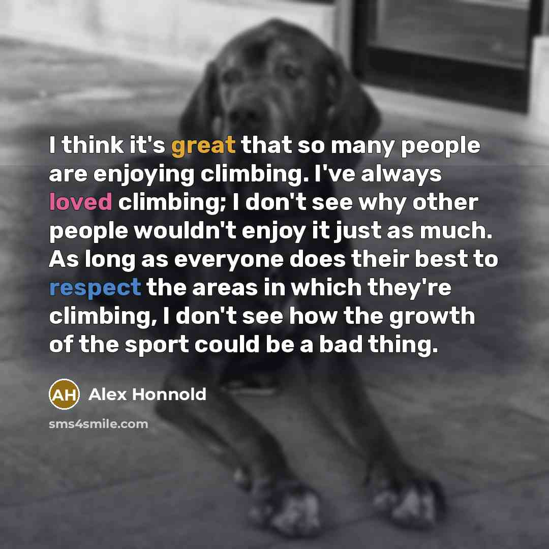 “I think it's great that so many people are enjoying climbing. I've always loved climbing; I don't see why other people wouldn't enjoy it just as much. As long as everyone does their best to respect the areas in which they're climbing, I don't see how the growth of the sport could be a bad thing.” quote by Alex Honnold