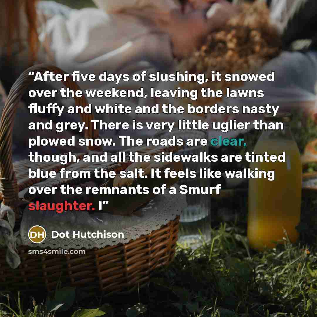 “After five days of slushing, it snowed over the weekend, leaving the lawns fluffy and white and the borders nasty and grey. There is very little uglier than plowed snow. The roads are clear, though, and all the sidewalks are tinted blue from the salt. It feels like walking over the remnants of a…” quote by Dot Hutchison