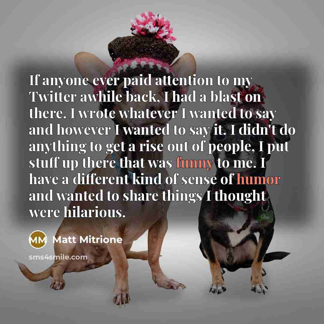 “If anyone ever paid attention to my Twitter awhile back, I had a blast on there. I wrote whatever I wanted to say and however I wanted to say it. I didn't do anything to get a rise out of people, I put stuff up there that was funny to me. I have a different kind of sense of humor and wanted to…” quote by Matt Mitrione
