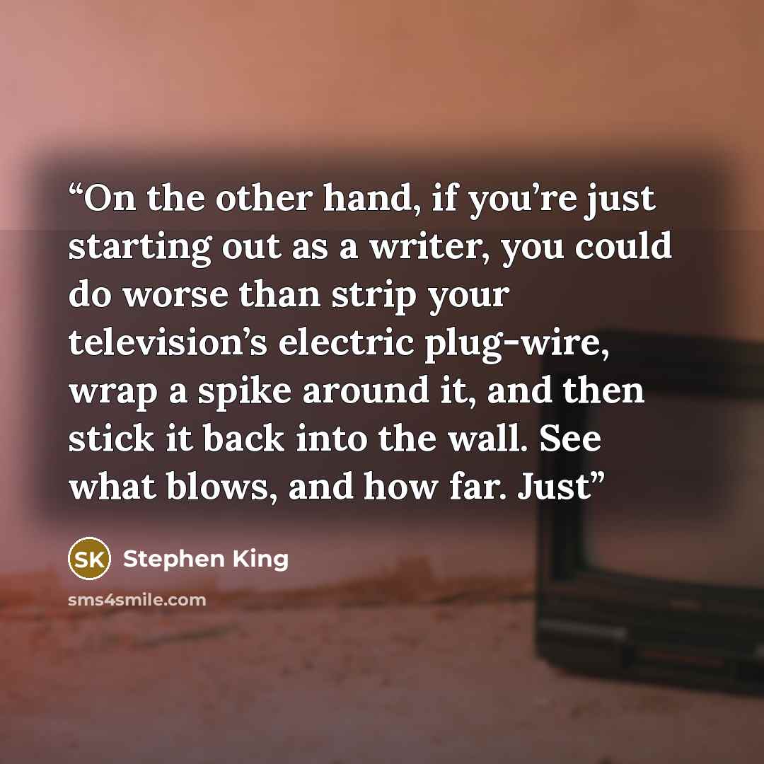 “On the other hand, if you’re just starting out as a writer, you could do worse than strip your television’s electric plug-wire, wrap a spike around it, and then stick it back into the wall. See what blows, and how far. Just” quote by Stephen King