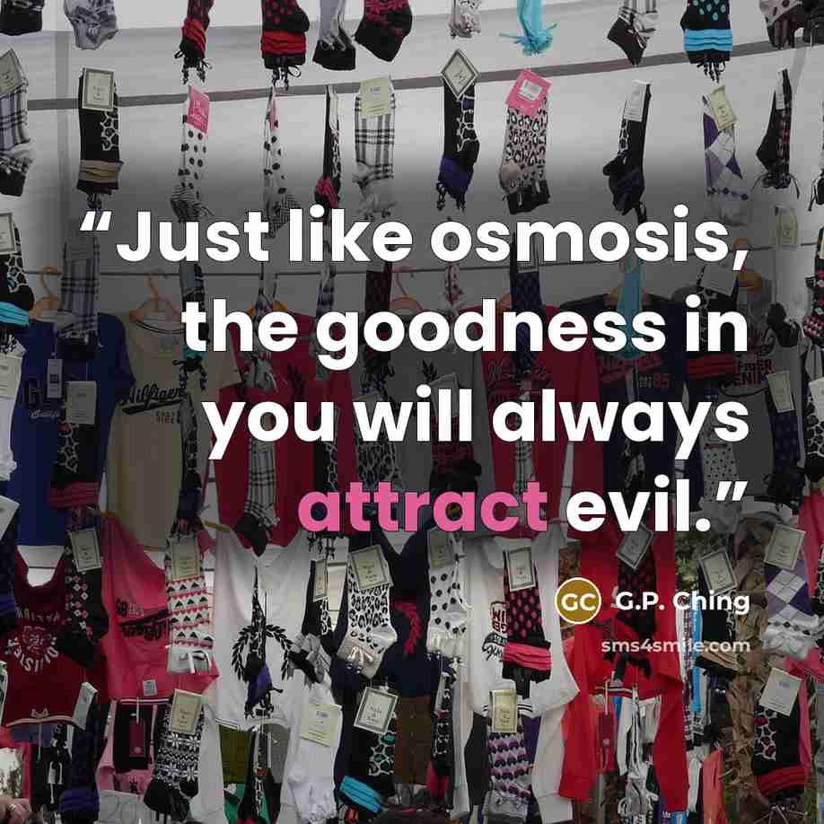 “Just like osmosis, the goodness in you will always attract evil.” quote by G.P. Ching