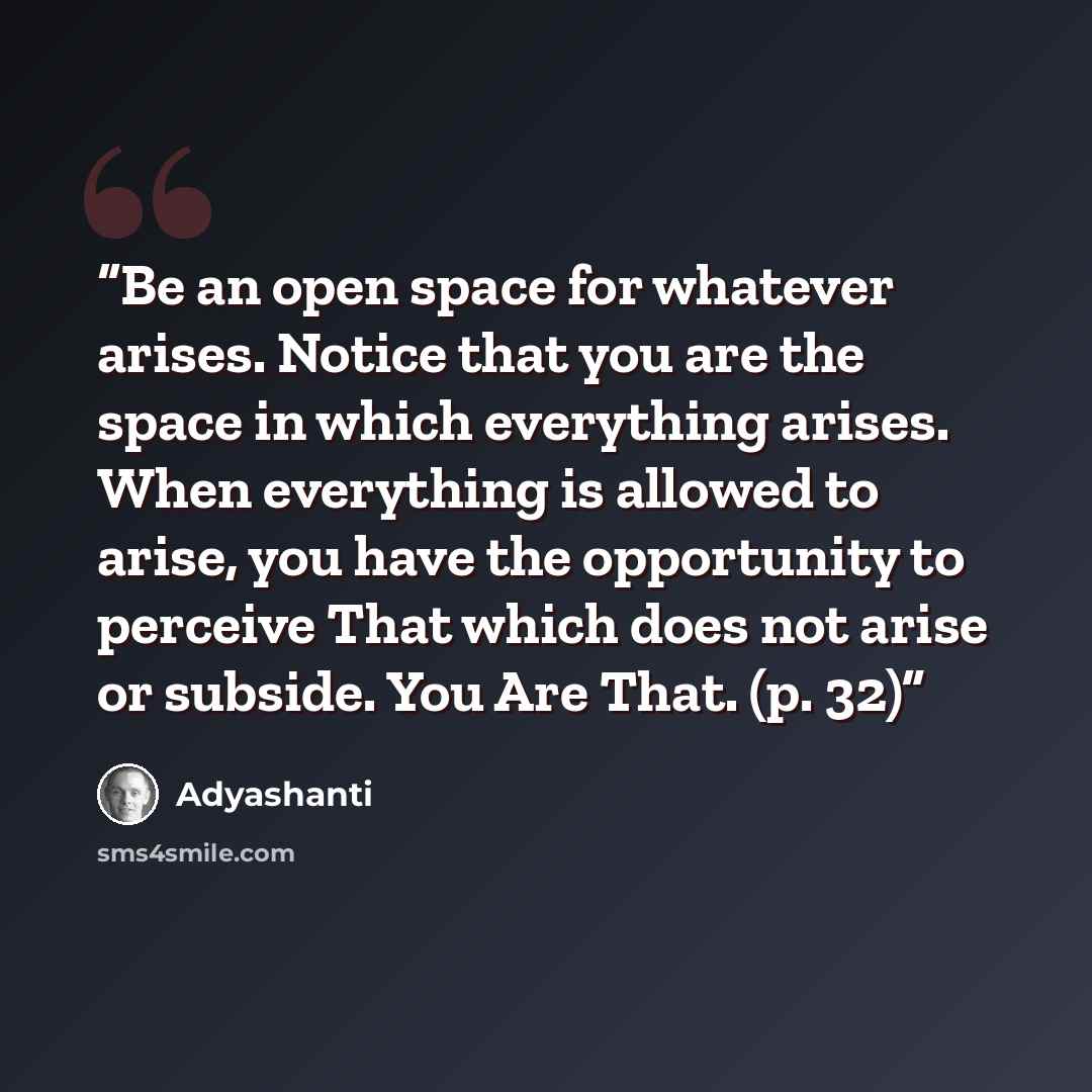 “Be an open space for whatever arises. Notice that you are the space in which everything arises. When everything is allowed to arise, you have the opportunity to perceive That which does not arise or subside. You Are That. (p. 32)” quote by Adyashanti