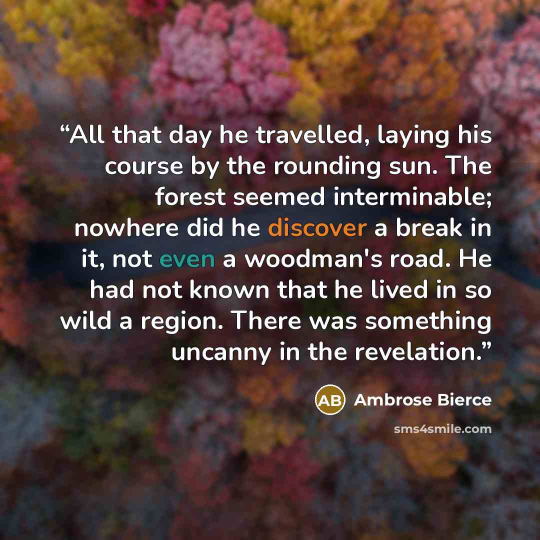“All that day he travelled, laying his course by the rounding sun. The forest seemed interminable; nowhere did he discover a break in it, not even a woodman's road. He had not known that he lived in so wild a region. There was something uncanny in the revelation.” quote by Ambrose Bierce