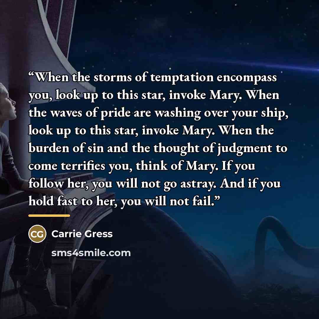 “When the storms of temptation encompass you, look up to this star, invoke Mary. When the waves of pride are washing over your ship, look up to this star, invoke Mary. When the burden of sin and the thought of judgment to come terrifies you, think of Mary. If you follow her, you will not go astray…” quote by Carrie Gress
