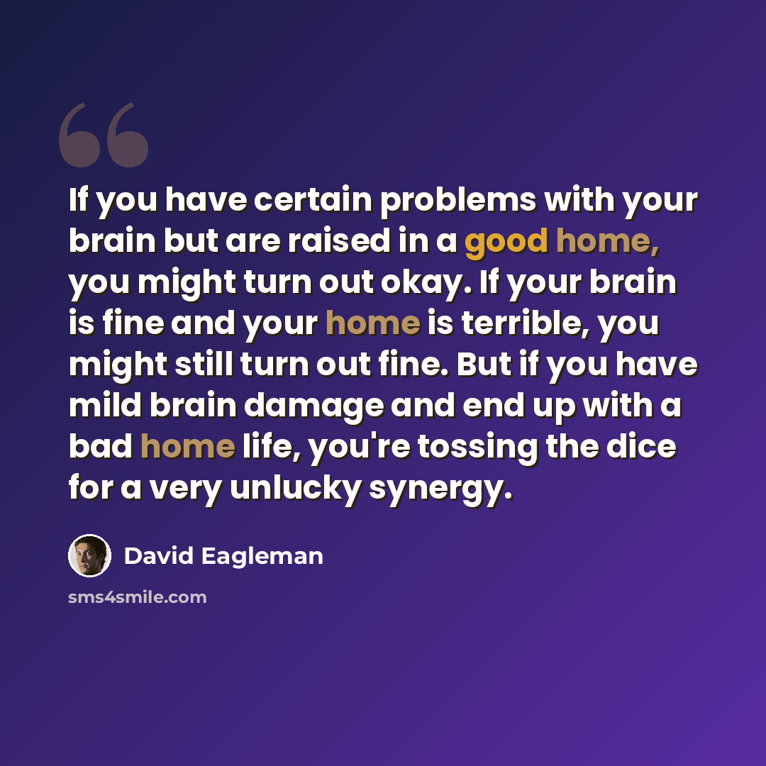 “If you have certain problems with your brain but are raised in a good home, you might turn out okay. If your brain is fine and your home is terrible, you might still turn out fine. But if you have mild brain damage and end up with a bad home life, you're tossing the dice for a very unlucky synergy.” quote by David Eagleman