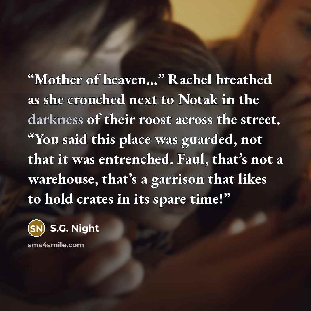 “Mother of heaven…” Rachel breathed as she crouched next to Notak in the darkness of their roost across the street. “You said this place was guarded, not that it was entrenched. Faul, that’s not a warehouse, that’s a garrison that likes to hold crates in its spare time!” quote by S.G. Night