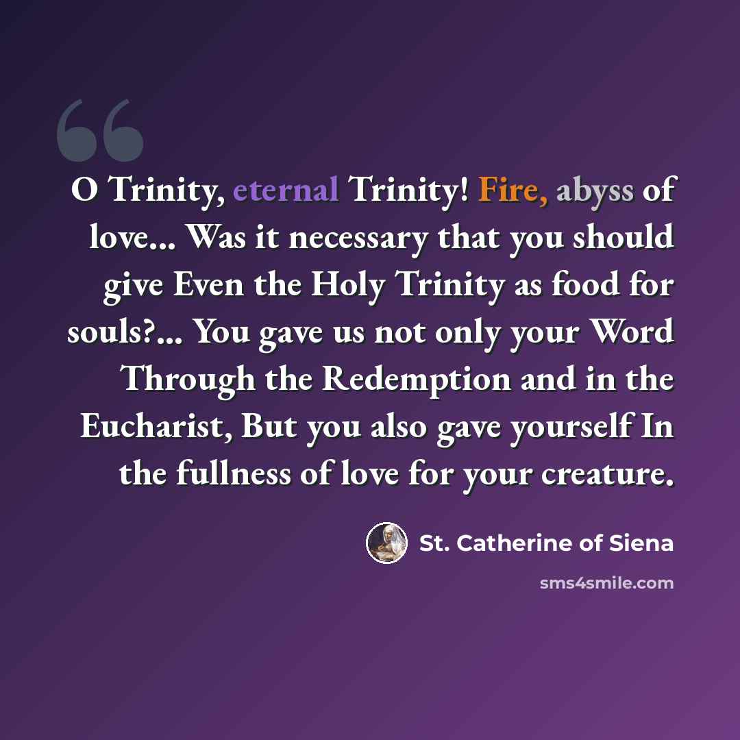 “O Trinity, eternal Trinity! Fire, abyss of love... Was it necessary that you should give Even the Holy Trinity as food for souls?... You gave us not only your Word Through the Redemption and in the Eucharist, But you also gave yourself In the fullness of love for your creature.” quote by St. Catherine of Siena