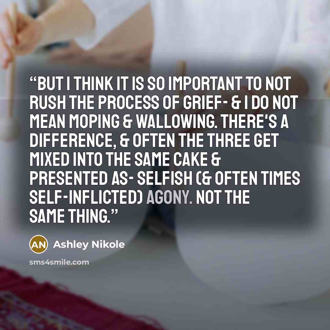 “But I think it is so important to not rush the process of grief- & I do not mean moping & wallowing. There's a difference, & often the three get mixed into the same cake & presented as- SELFISH (& often times self-inflicted) AGONY. Not the same thing.” quote by Ashley Nikole