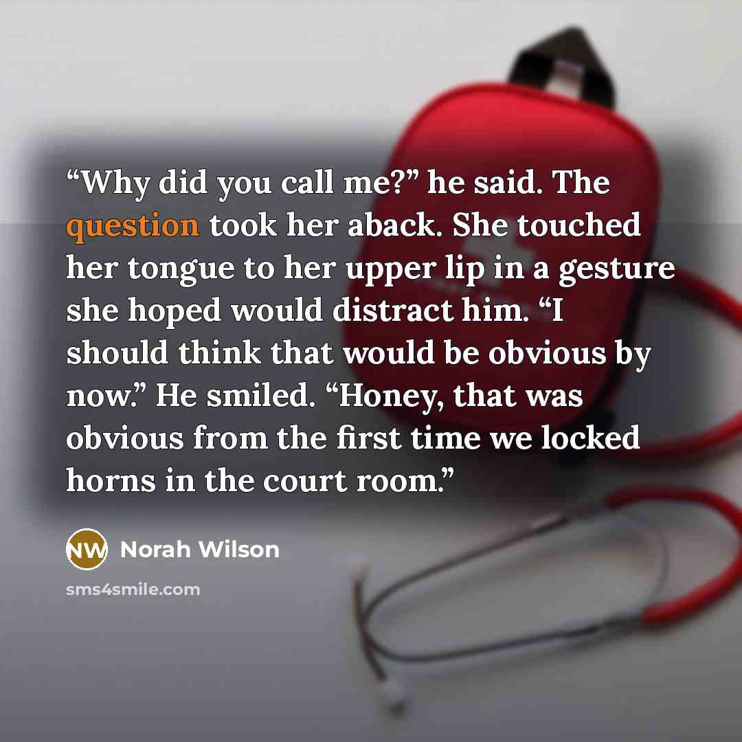 “Why did you call me?” he said. The question took her aback. She touched her tongue to her upper lip in a gesture she hoped would distract him. “I should think that would be obvious by now.” He smiled. “Honey, that was obvious from the first time we locked horns in the court room.” quote by Norah Wilson
