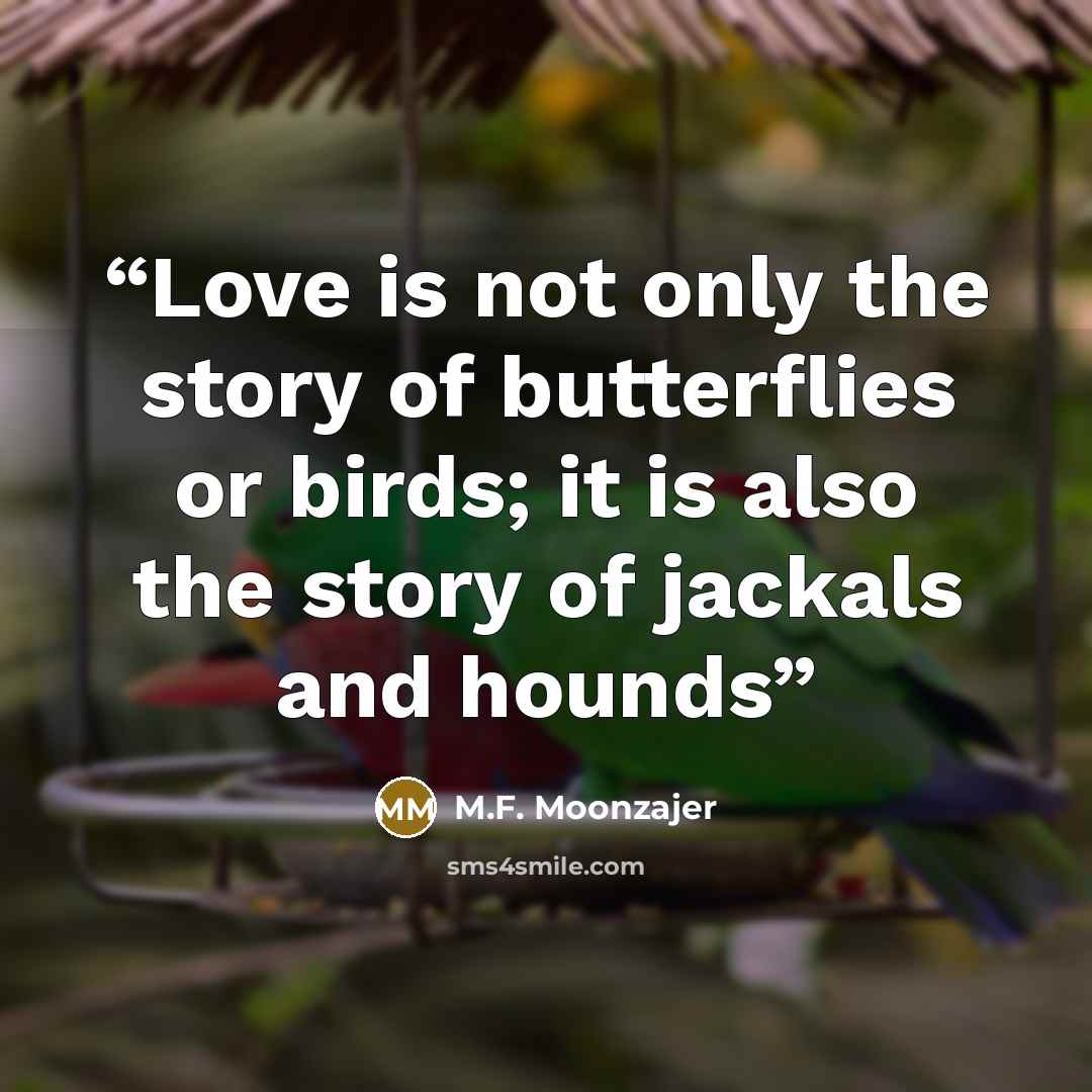 “Love is not only the story of butterflies or birds; it is also the story of jackals and hounds” quote by M.F. Moonzajer