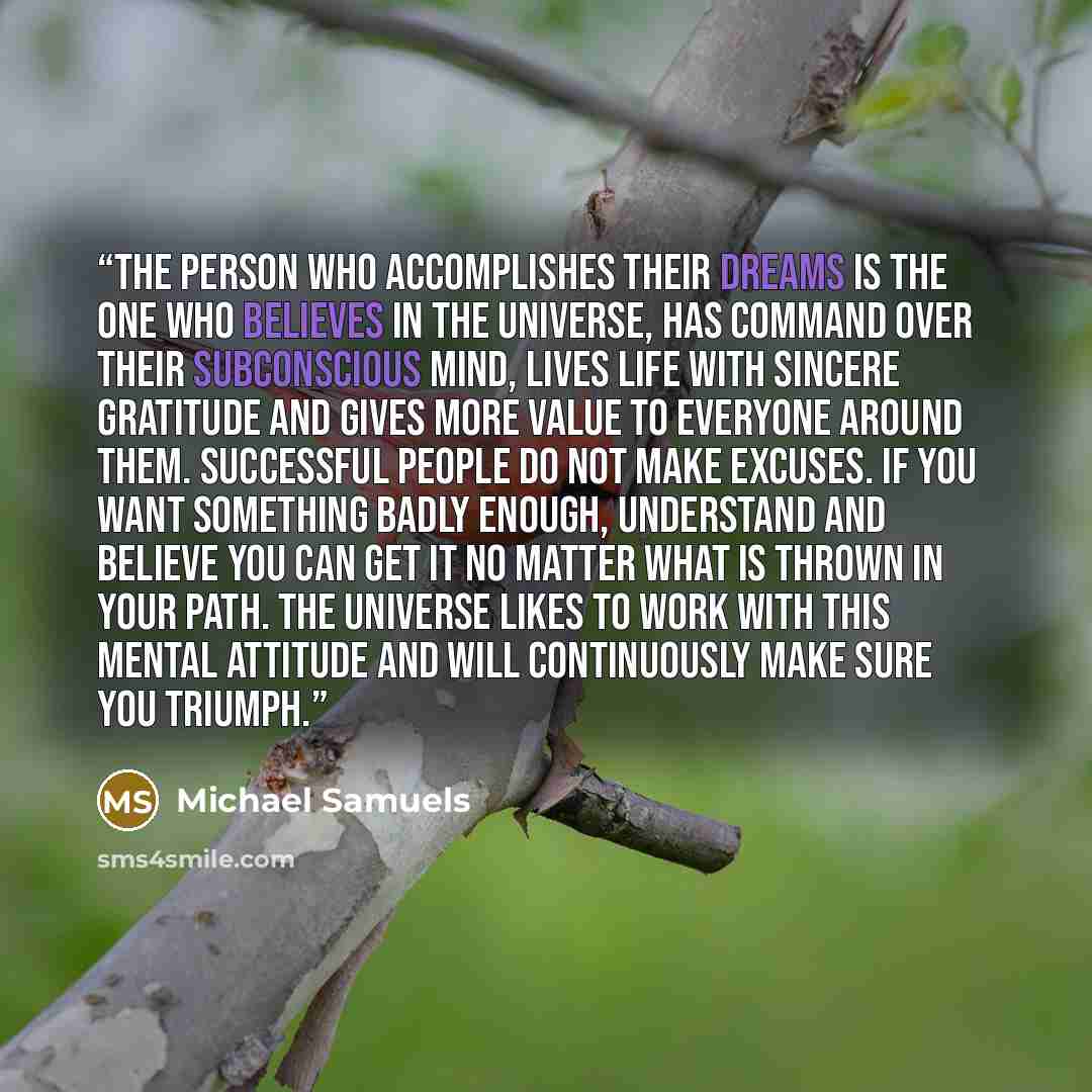 “The person who accomplishes their dreams is the one who believes in the Universe, has command over their subconscious mind, lives life with sincere gratitude and gives more value to everyone around them. Successful people do not make excuses. If you want something badly enough, understand and…” quote by Michael Samuels