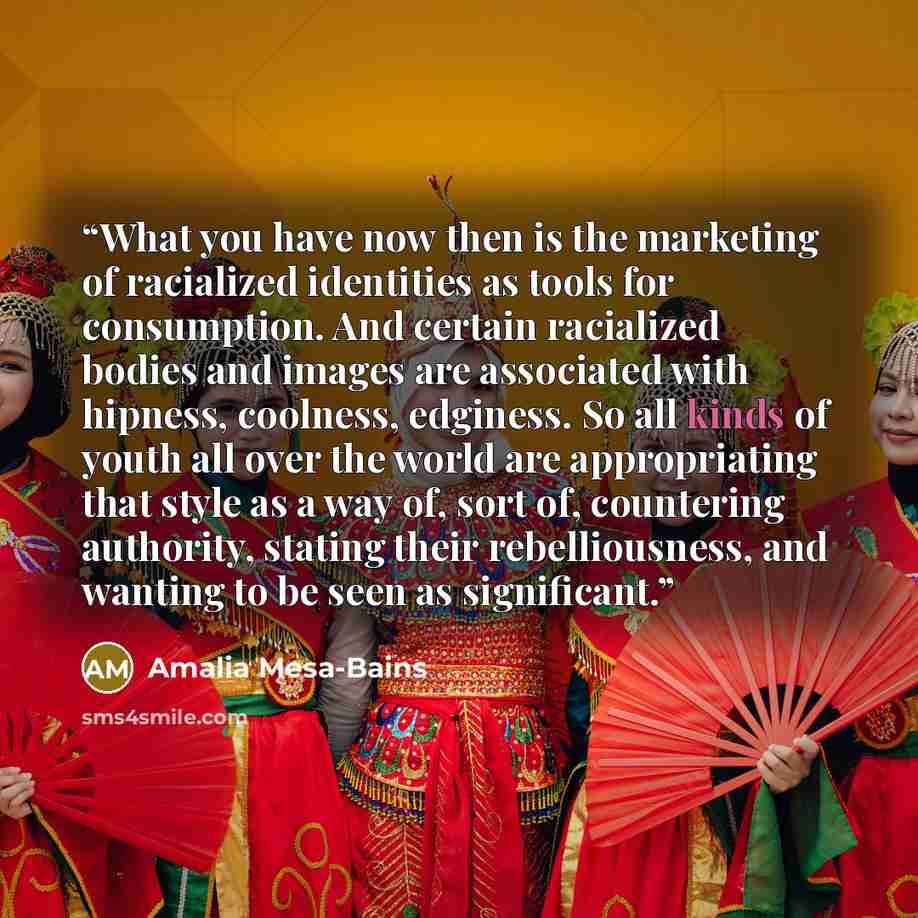 “What you have now then is the marketing of racialized identities as tools for consumption. And certain racialized bodies and images are associated with hipness, coolness, edginess. So all kinds of youth all over the world are appropriating that style as a way of, sort of, countering authority…” quote by Amalia Mesa-Bains