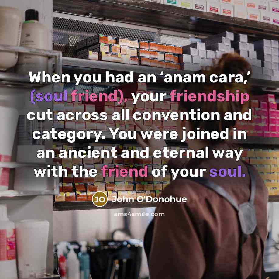 “When you had an ‘anam cara,’ (soul friend), your friendship cut across all convention and category. You were joined in an ancient and eternal way with the friend of your soul.” quote by John O'Donohue