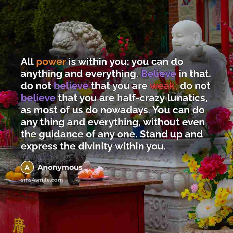 “All power is within you; you can do anything and everything. Believe in that, do not believe that you are weak; do not believe that you are half-crazy lunatics, as most of us do nowadays. You can do any thing and everything, without even the guidance of any one. Stand up and express the divinity…” quote by Anonymous