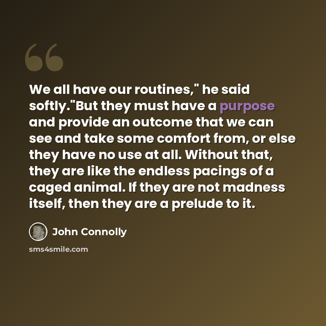 “We all have our routines," he said softly."But they must have a purpose and provide an outcome that we can see and take some comfort from, or else they have no use at all. Without that, they are like the endless pacings of a caged animal. If they are not madness itself, then they are a prelude to…” quote by John Connolly