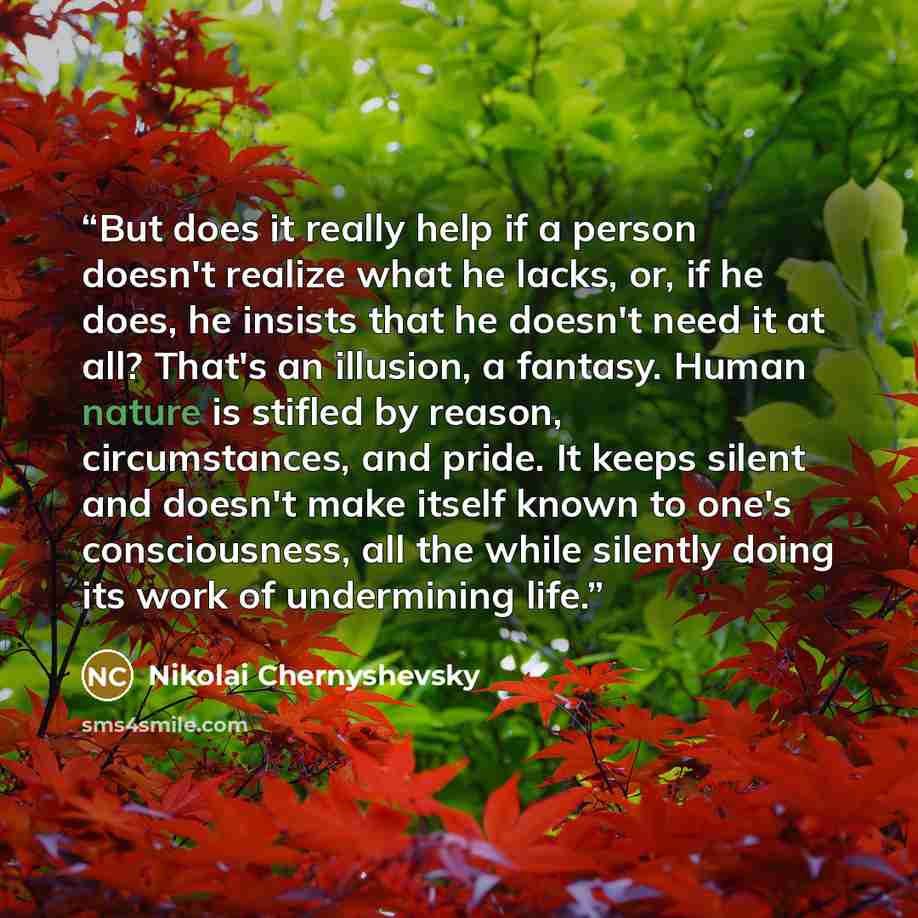 “But does it really help if a person doesn't realize what he lacks, or, if he does, he insists that he doesn't need it at all? That's an illusion, a fantasy. Human nature is stifled by reason, circumstances, and pride. It keeps silent and doesn't make itself known to one's consciousness, all the…” quote by Nikolai Chernyshevsky