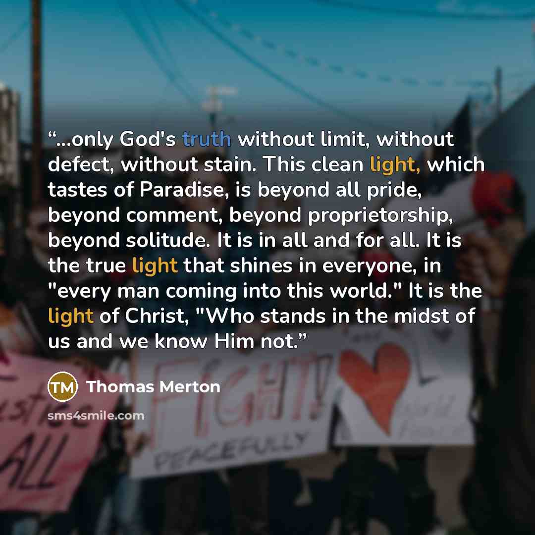 “...only God's truth without limit, without defect, without stain. This clean light, which tastes of Paradise, is beyond all pride, beyond comment, beyond proprietorship, beyond solitude. It is in all and for all. It is the true light that shines in everyone, in "every man coming into this world."…” quote by Thomas Merton