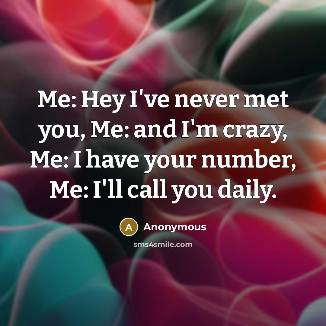 “Me: Hey I've never met you, Me: and I'm crazy, Me: I have your number, Me: I'll call you daily.” quote by Anonymous